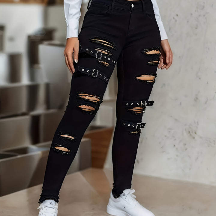 Miriam | Pantaloni Donna in Denim Scuro a Gamba Svasata e Effetto Used