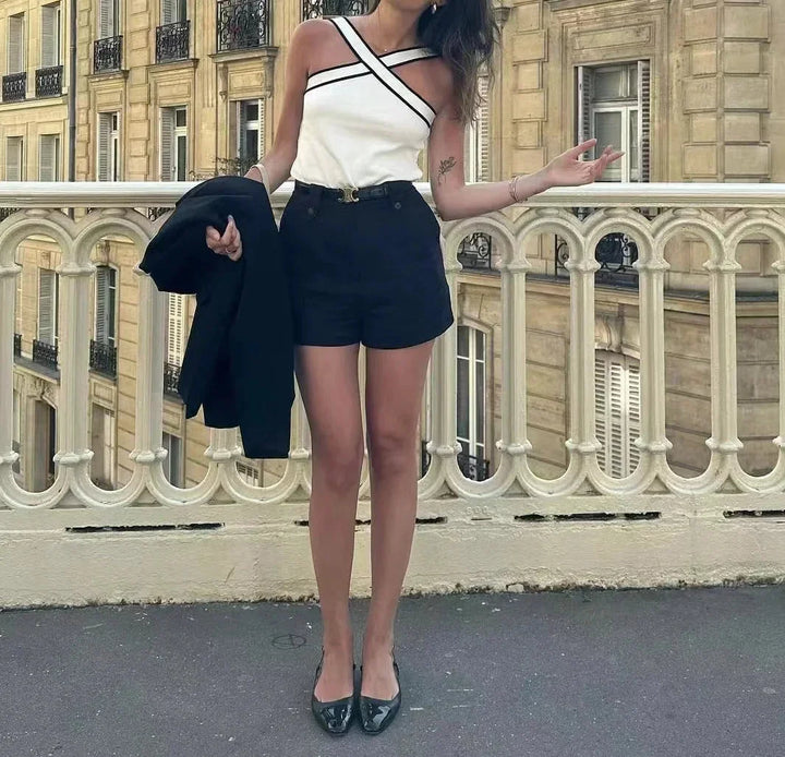 Top donna con spalline incrociate halter e bordino a contrasto