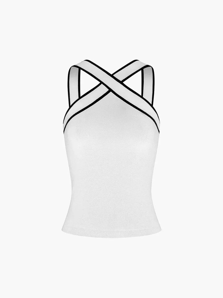 Top donna con spalline incrociate halter e bordino a contrasto