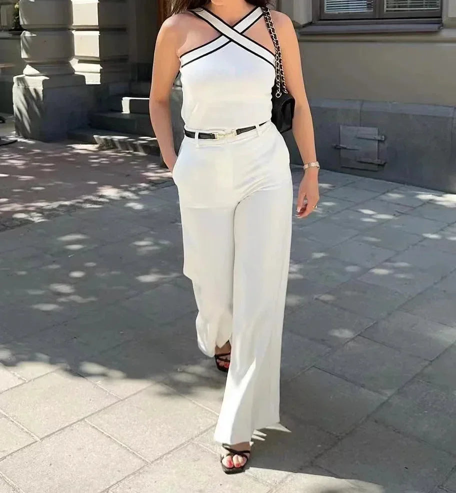 Top donna con spalline incrociate halter e bordino a contrasto