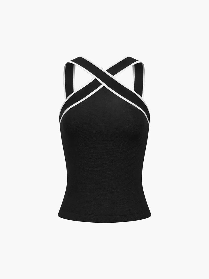 Top donna con spalline incrociate halter e bordino a contrasto