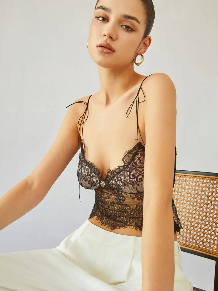 Top bustier donna in pizzo con spalline annodate stile corsetto
