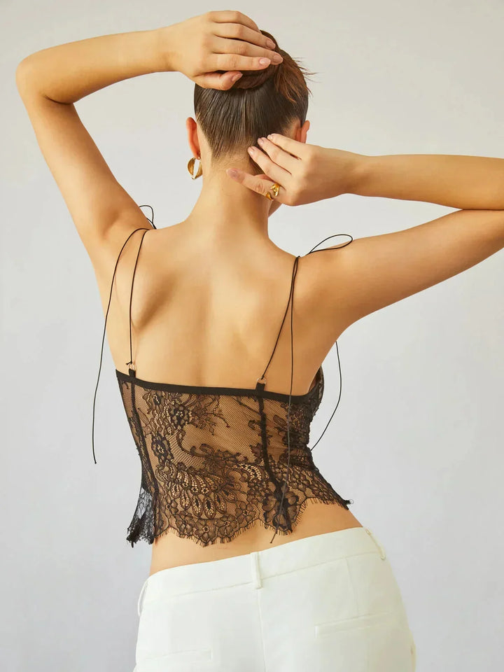 Top bustier donna in pizzo con spalline annodate stile corsetto