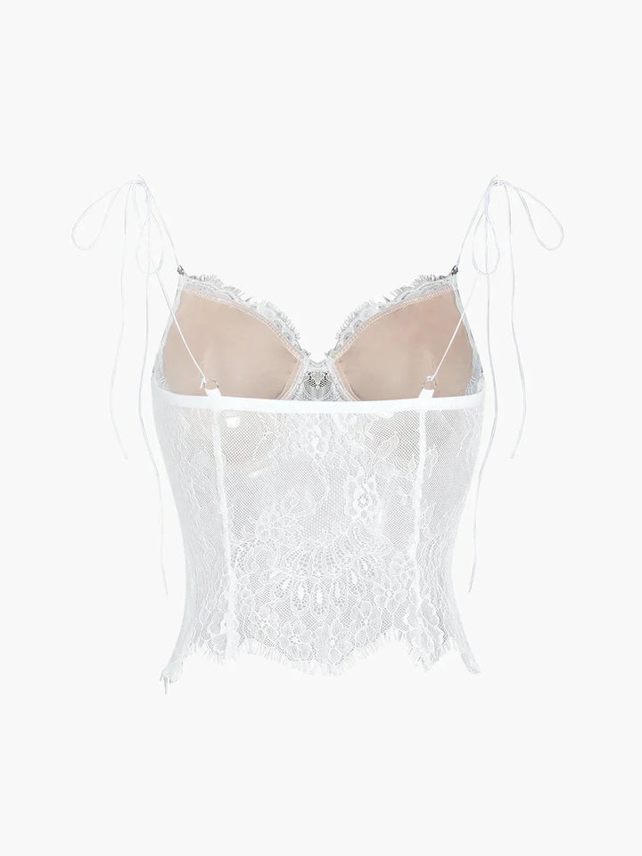 Top bustier donna in pizzo con spalline annodate stile corsetto