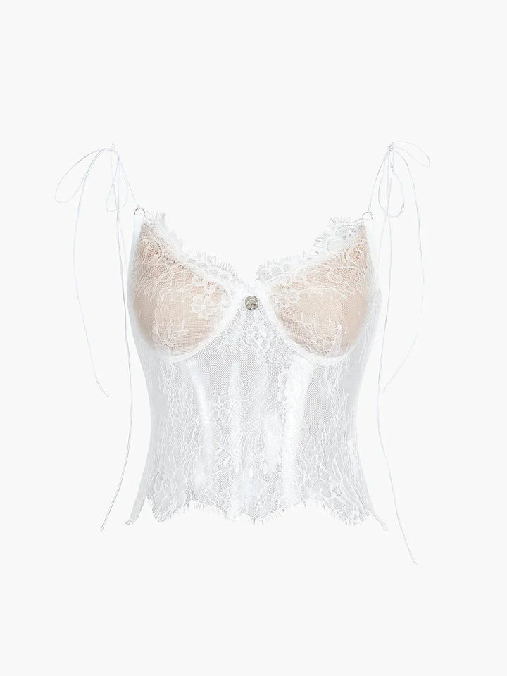 Top bustier donna in pizzo con spalline annodate stile corsetto