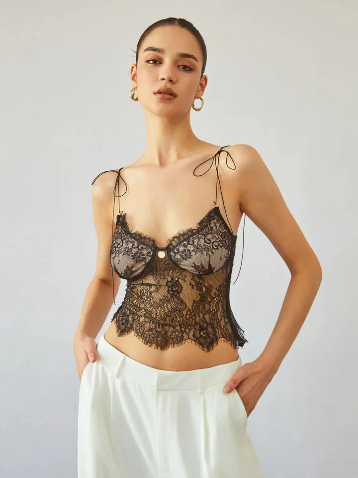 Top bustier donna in pizzo con spalline annodate stile corsetto