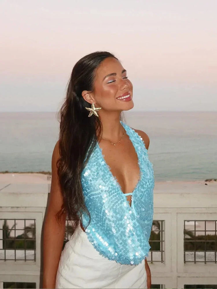 Canotta donna con paillettes e collo halter