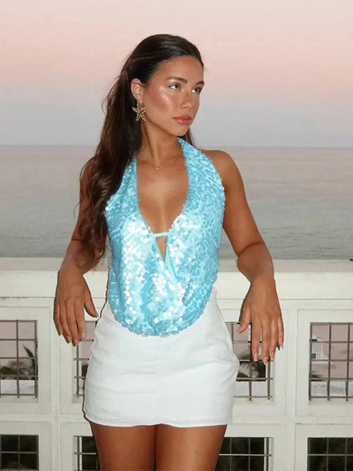 Canotta donna con paillettes e collo halter
