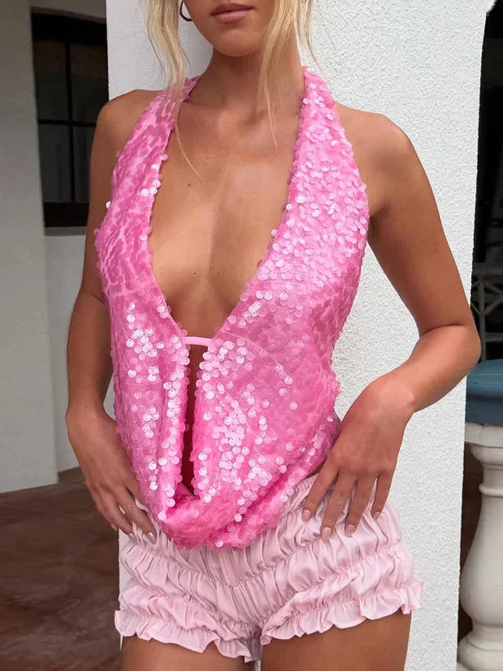 Canotta donna con paillettes e collo halter