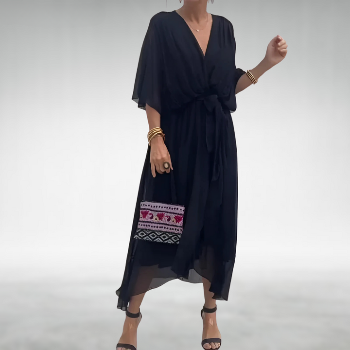 Vestito lungo da donna con scollo a V incrociato, maniche ampie, orlo asimmetrico
