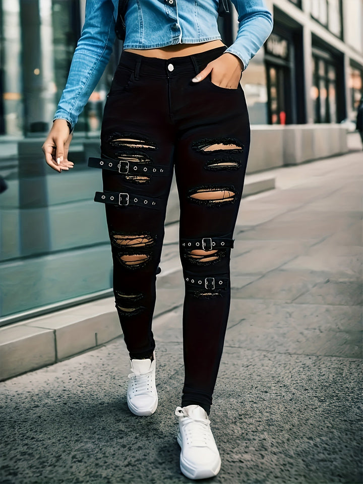 Miriam | Pantaloni Donna in Denim Scuro a Gamba Svasata e Effetto Used