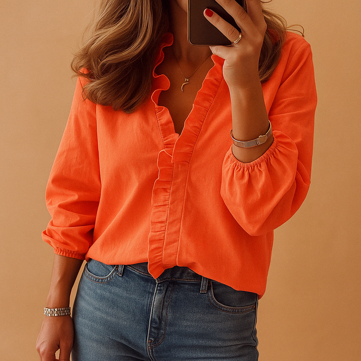 Blusa donna con scollo a V con volant, maniche 3/4, polsini elasticizzati