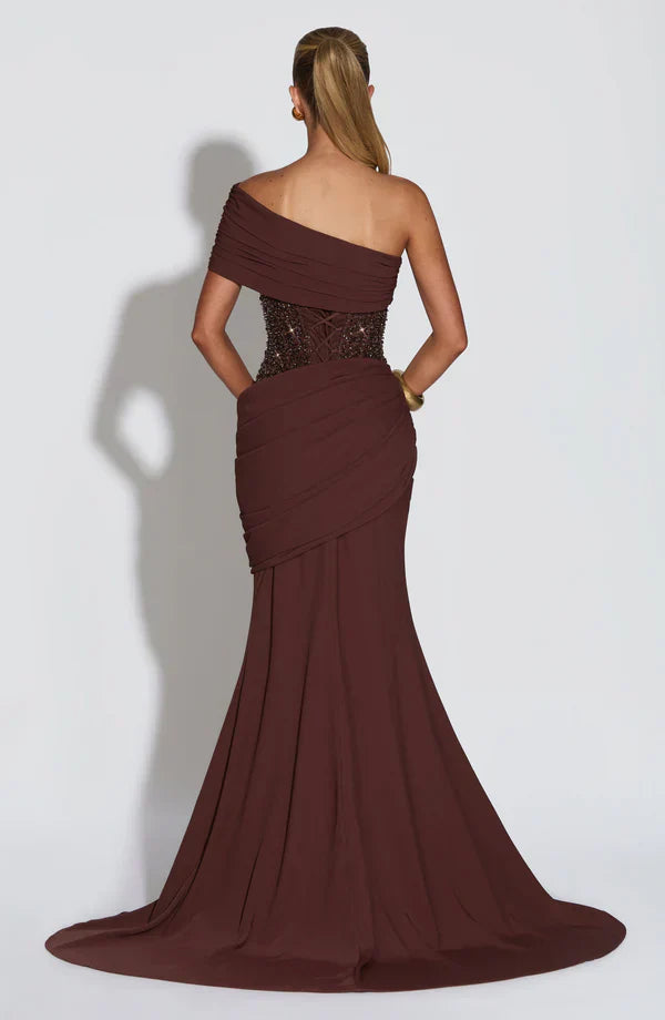 Vestito lungo da donna asimmetrico, corpino decorato, drappeggiato, vestibilità aderente