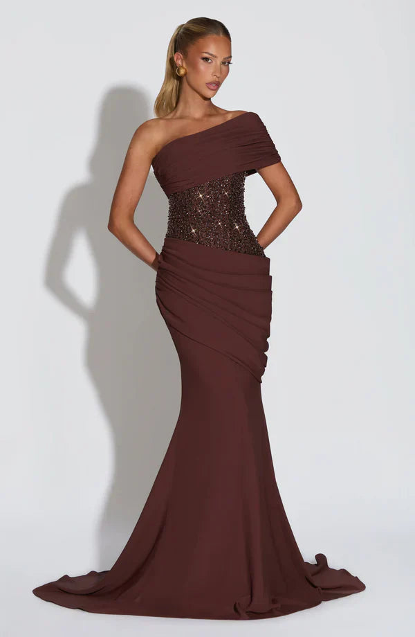 Vestito lungo da donna asimmetrico, corpino decorato, drappeggiato, vestibilità aderente