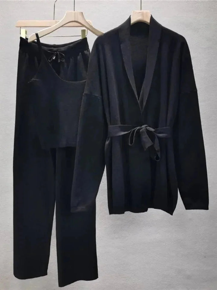 Completo Cardigan con cintura e pantalone lavorato a maglia da donna
