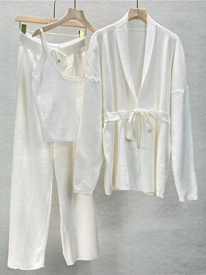Completo Cardigan con cintura e pantalone lavorato a maglia da donna