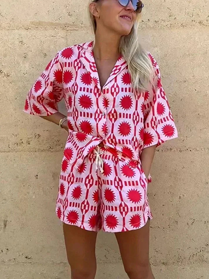 Completo camicia e short a Manica corta donna rosa