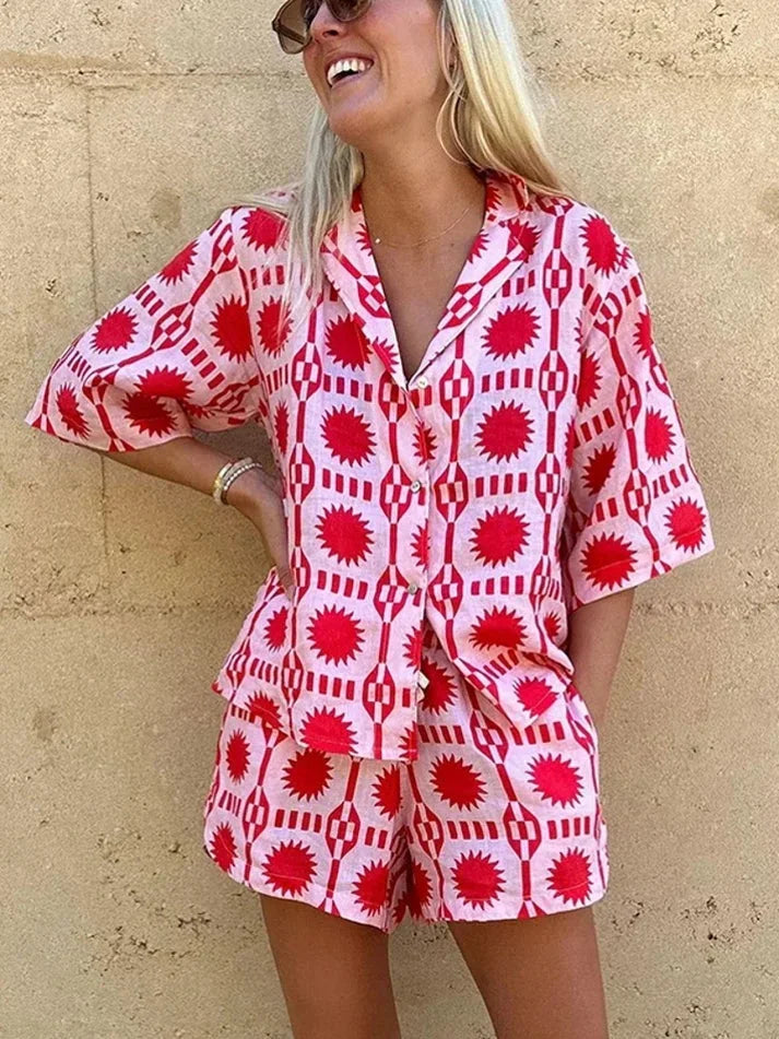 Completo camicia e short a Manica corta donna rosa