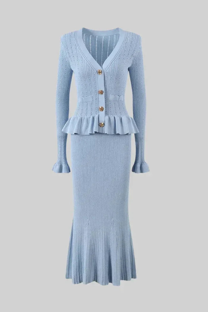 Completo donna aderente con cardigan e gonna midi