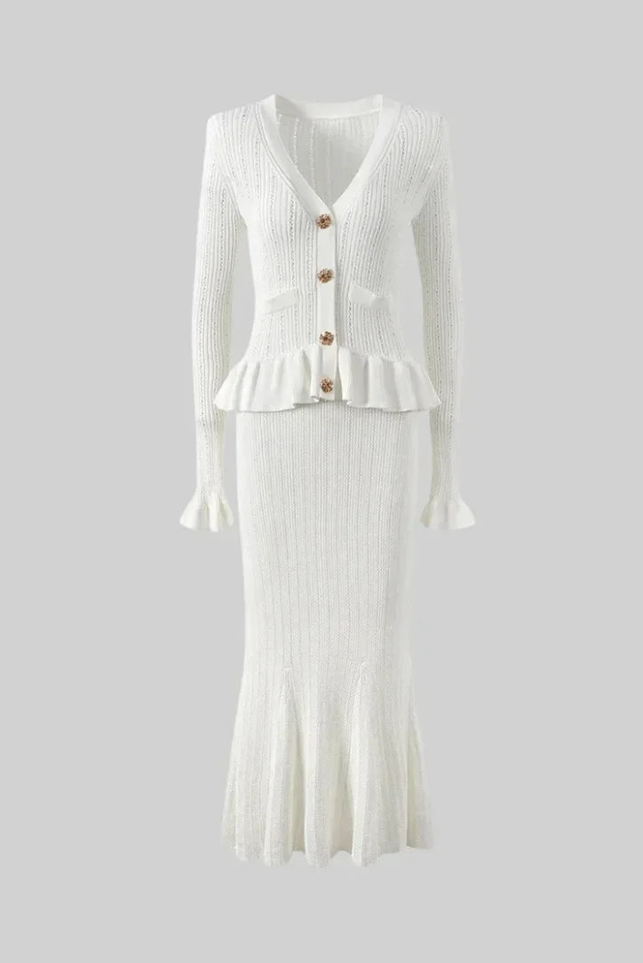 Completo donna aderente con cardigan e gonna midi