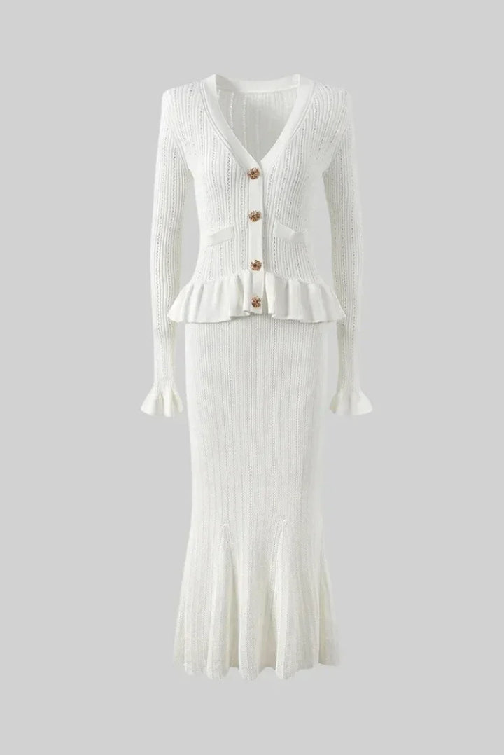 Completo donna aderente con cardigan e gonna midi