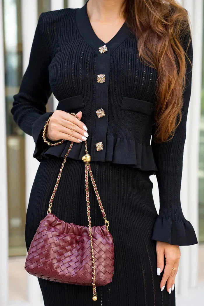Completo donna aderente con cardigan e gonna midi