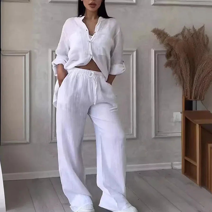 Completo donna camicia e pantalone ampio in lino leggero