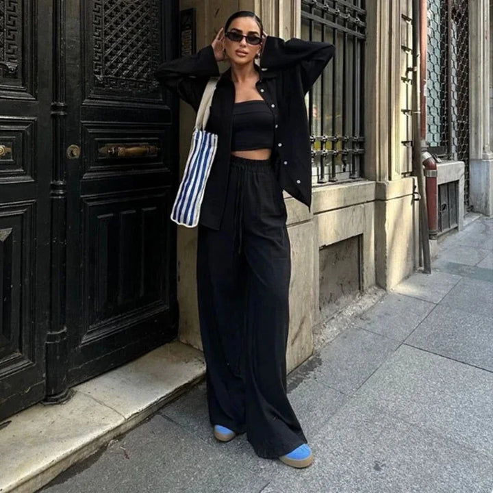 Completo donna camicia e pantalone ampio in lino leggero