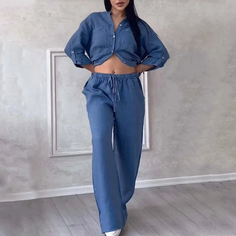 Completo donna camicia e pantalone ampio in lino leggero
