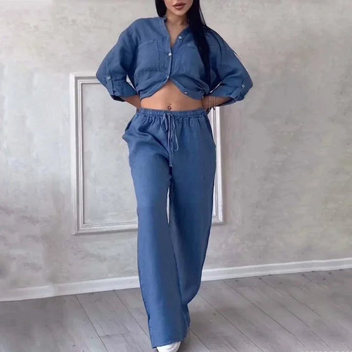 Completo donna camicia e pantalone ampio in lino leggero