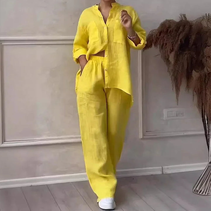 Completo donna camicia e pantalone ampio in lino leggero