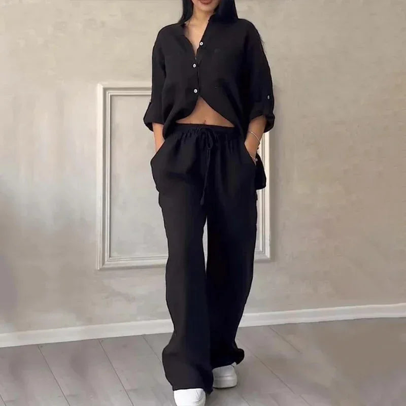 Completo donna camicia e pantalone ampio in lino leggero