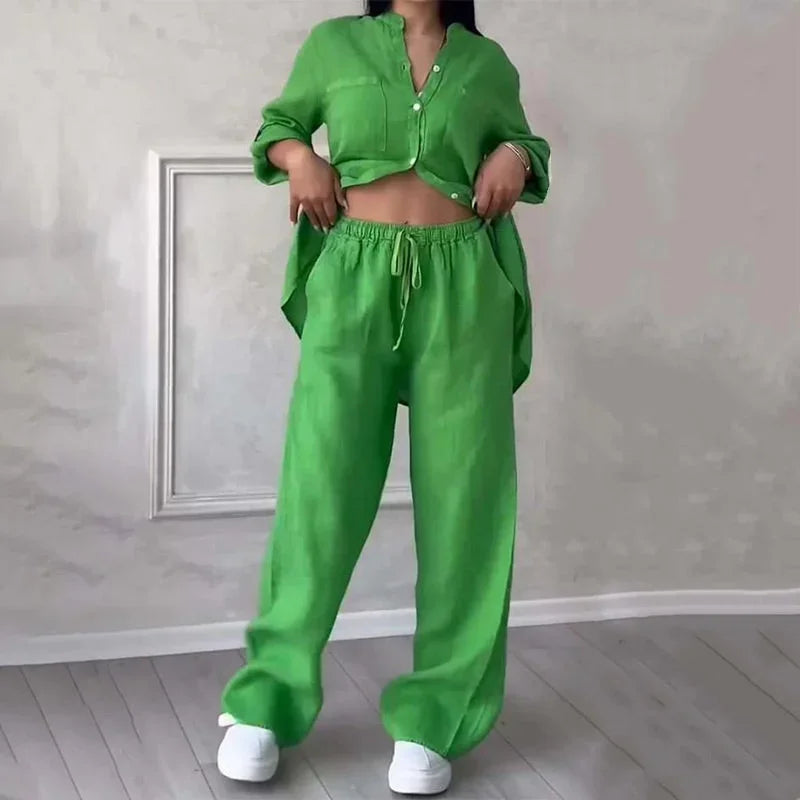 Completo donna camicia e pantalone ampio in lino leggero