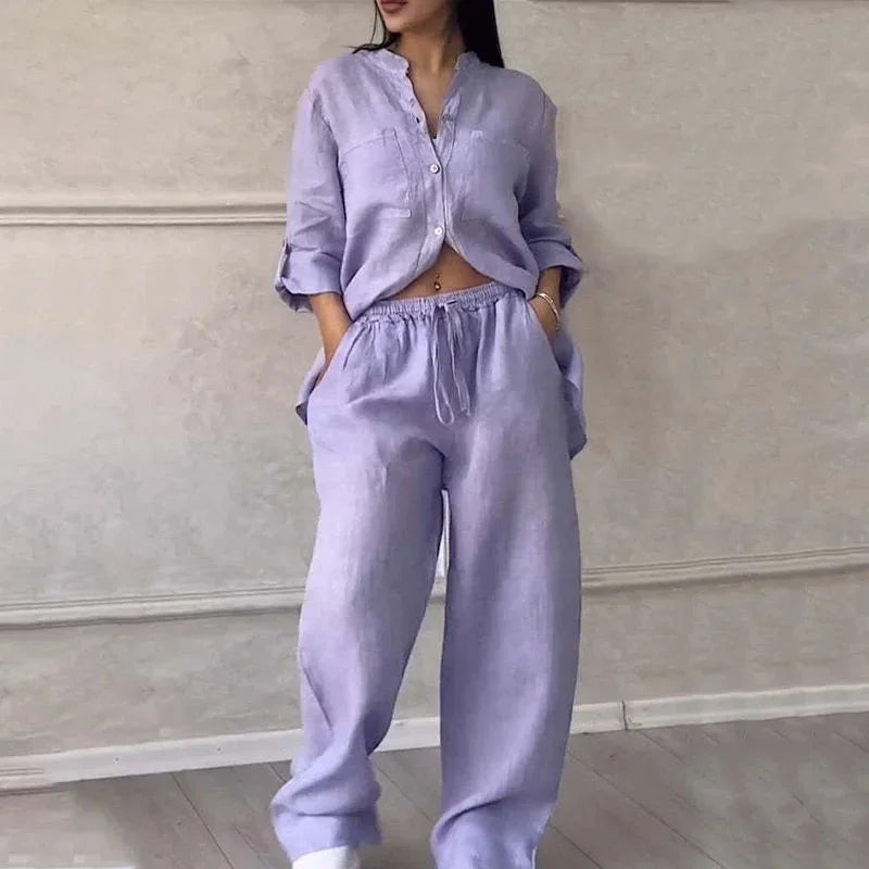 Completo donna camicia e pantalone ampio in lino leggero