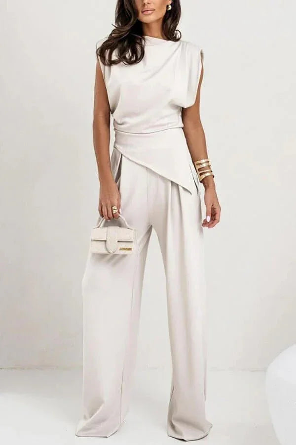Completo da donna drappeggiato due pezzi con pantaloni ampi