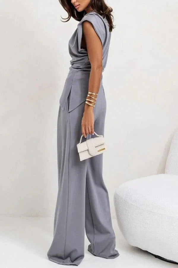 Completo da donna drappeggiato due pezzi con pantaloni ampi