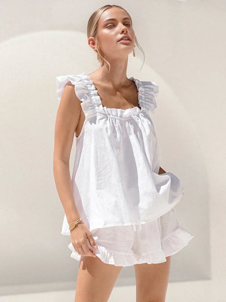 Completo donna top senza Manica con volant e short