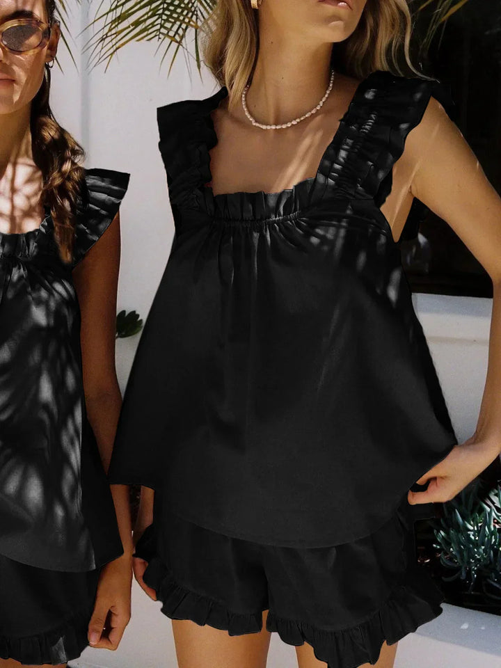 Completo donna top senza Manica con volant e short