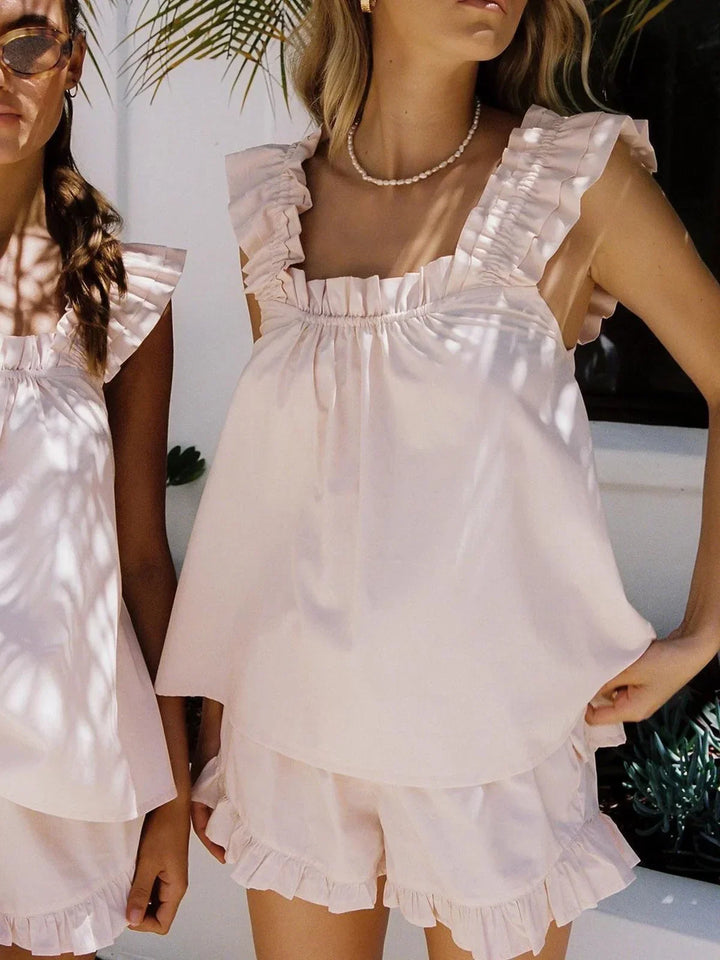 Completo donna top senza Manica con volant e short