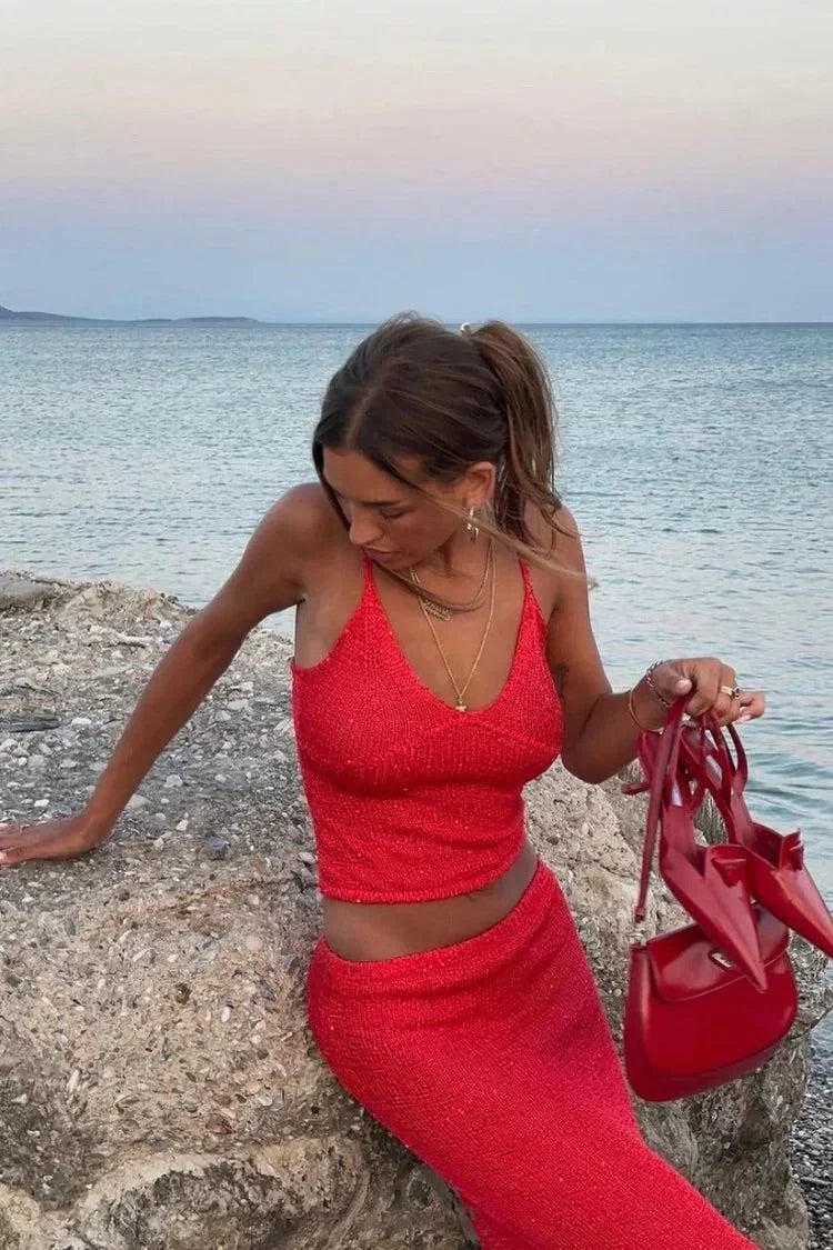 Completo donna rosso brillante top e pantalone