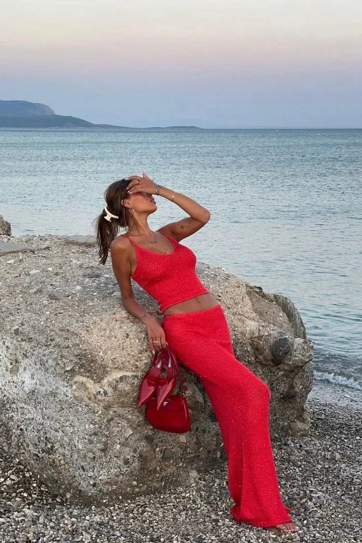 Completo donna rosso brillante top e pantalone