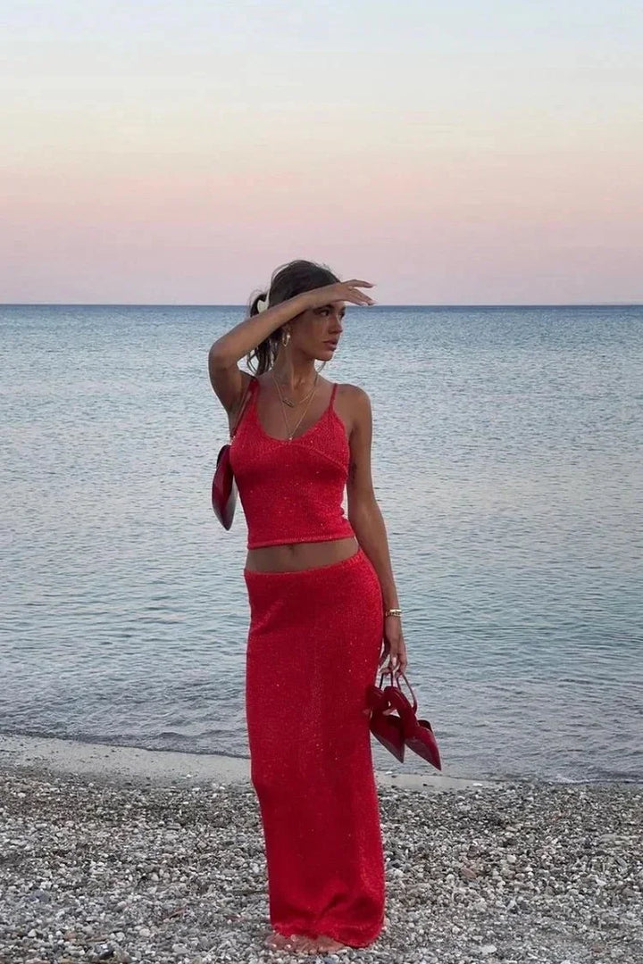 Completo donna rosso brillante top e pantalone