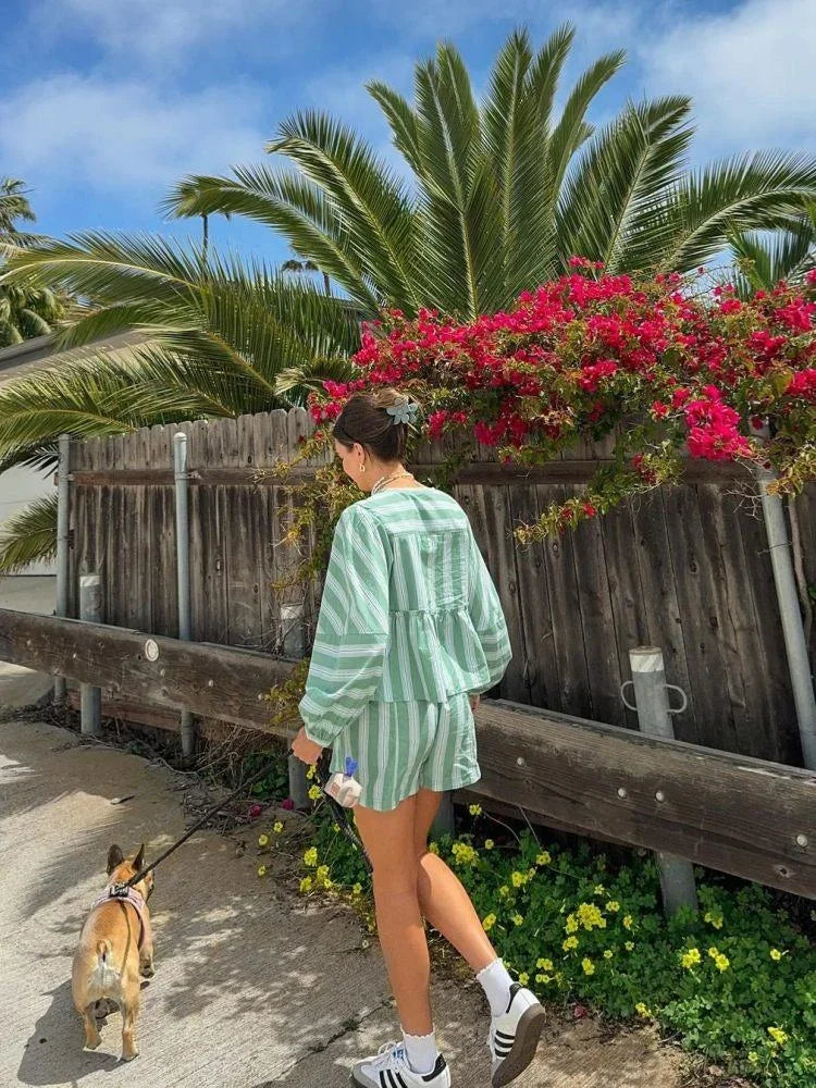 Completo donna estivo con righe verdi Blusa e short
