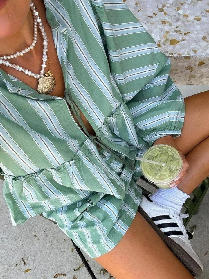 Completo donna estivo con righe verdi Blusa e short