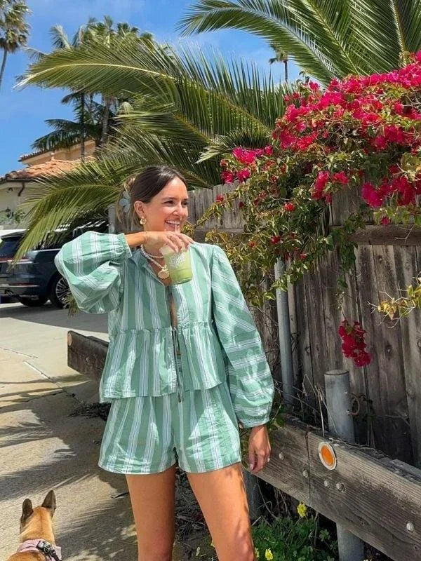 Completo donna estivo con righe verdi Blusa e short