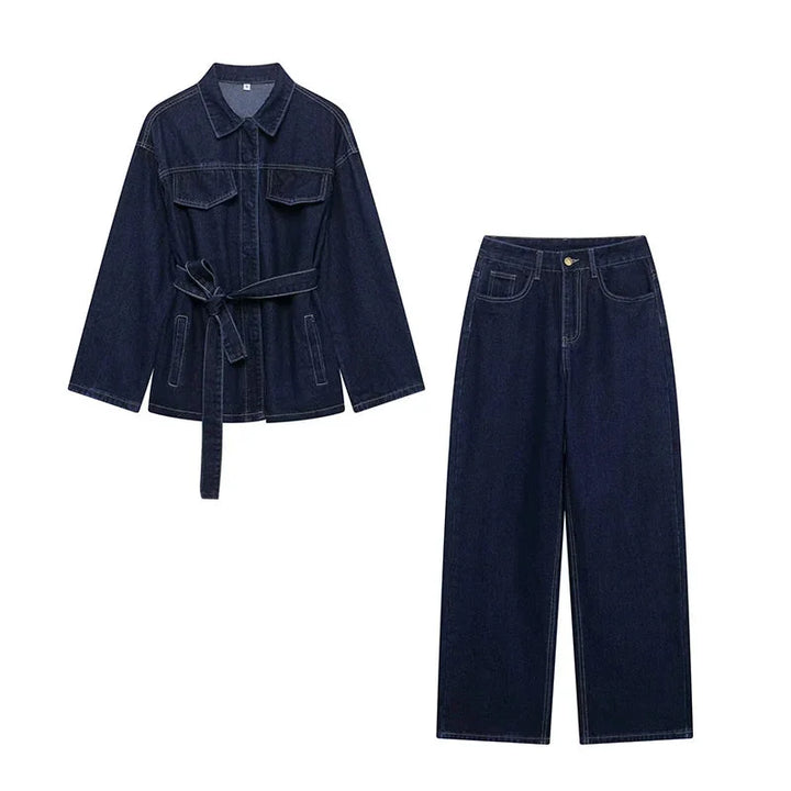 Completo donna blazer e pantaloni in denim con cintura