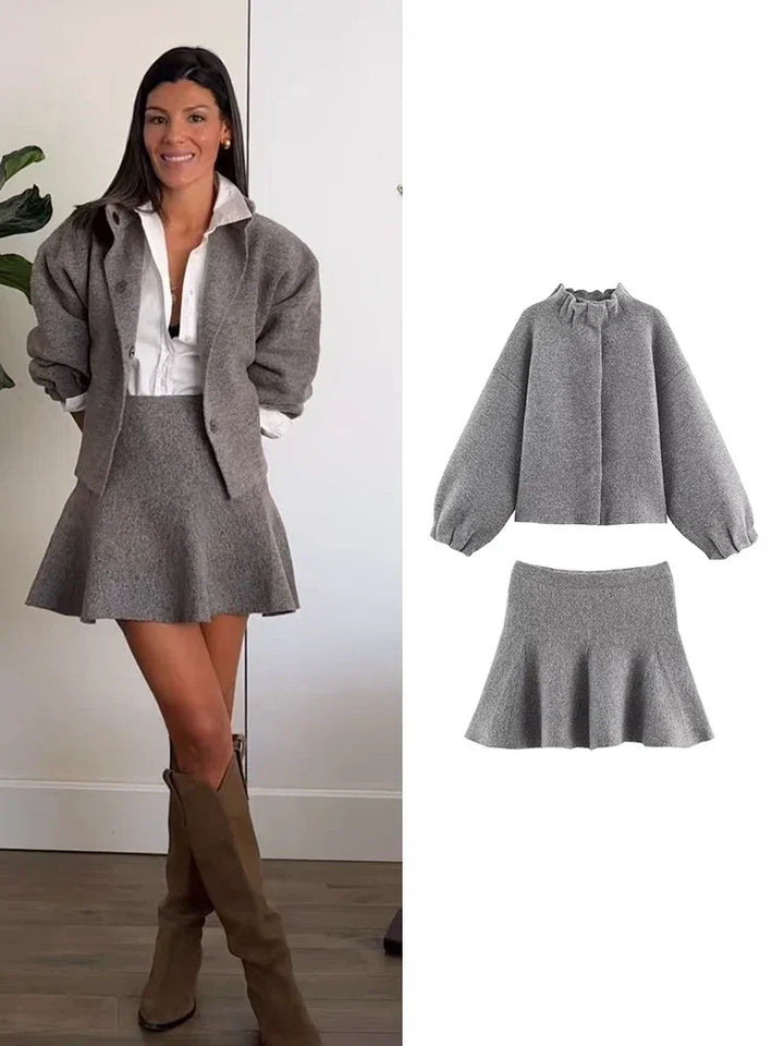 Completo grigio da donna gonna corta e blazer lungo a maniche lunghe
