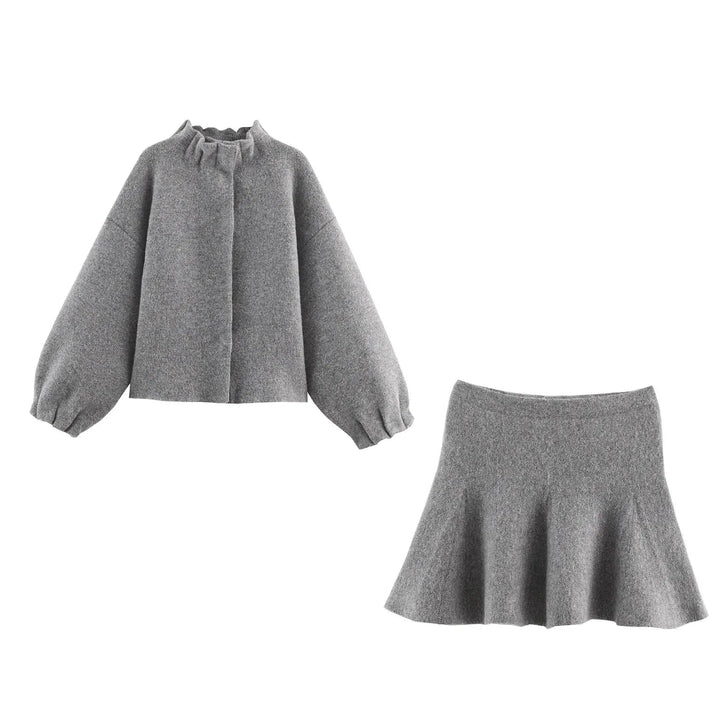 Completo grigio da donna gonna corta e blazer lungo a maniche lunghe
