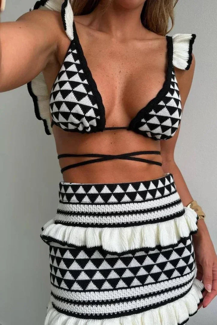 Completo gonna lunga donna con motivi geometrici bianco e nero