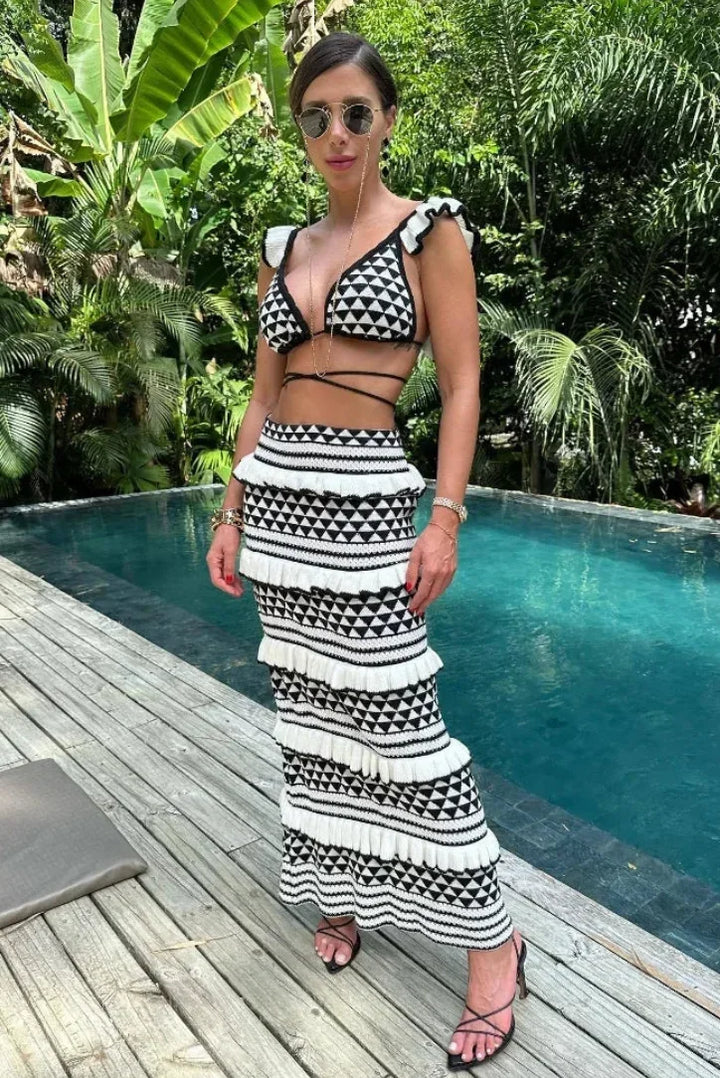 Completo gonna lunga donna con motivi geometrici bianco e nero